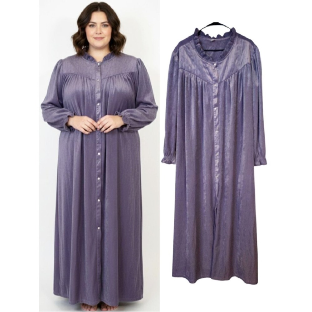 VTG 80s Purple Velvet Maxi Ruffle Pearl Snap Front Robe SZ 4X Nightgown RARE